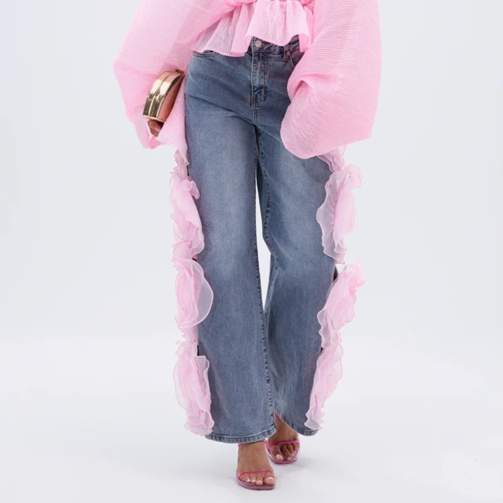 Stylish Blue Jeans with Pink Ruffle Accents